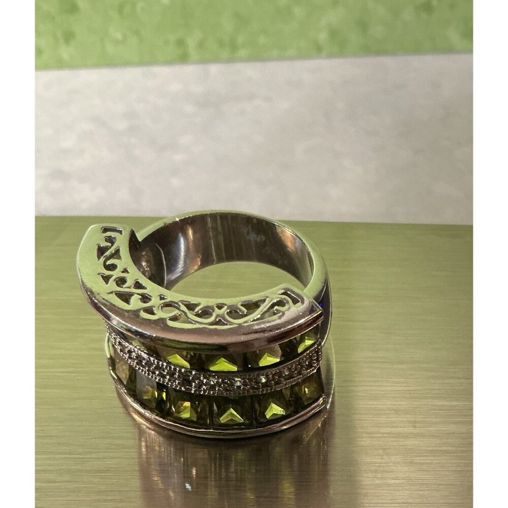 Park Lane Ring Olive Green Silver Tone Faceted Pave CZs Cocktail Statement SZ 7 - Picture 9 of 14